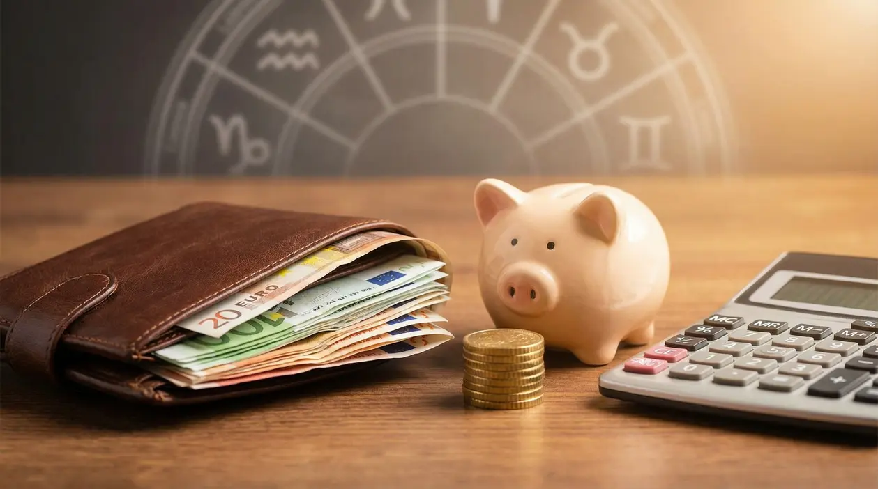 Portafoglio con banconote, salvadanaio e calcolatrice su un tavolo con simboli zodiacali sullo sfondo
