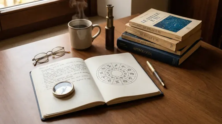 Taccuino aperto con simboli zodiacali e libri di astrologia su un tavolo