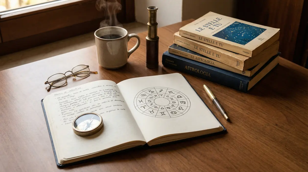 Taccuino aperto con simboli zodiacali e libri di astrologia su un tavolo