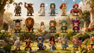 Rappresentazioni artistiche dei dodici segni zodiacali in un giardino incantato