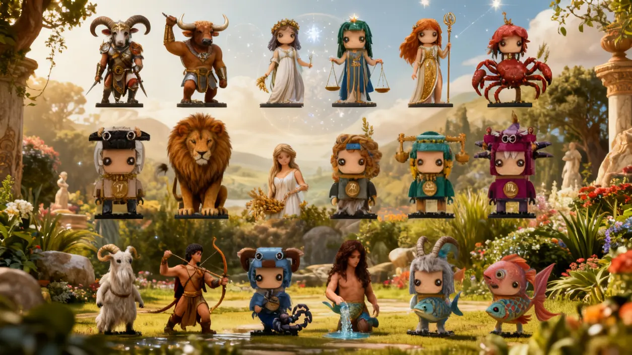 Rappresentazioni artistiche dei dodici segni zodiacali in un giardino incantato