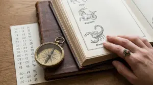 Una mano sfoglia un libro antico con illustrazioni di segni zodiacali come Scorpione e Capricorno