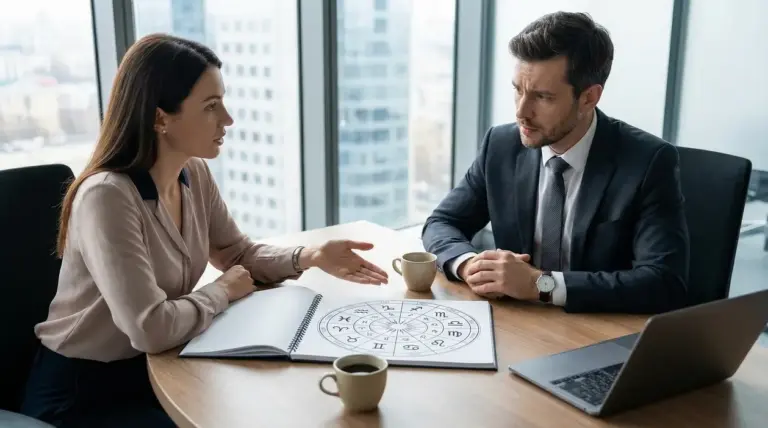 Due persone parlano in ufficio guardando un grafico astrologico su un tavolo.