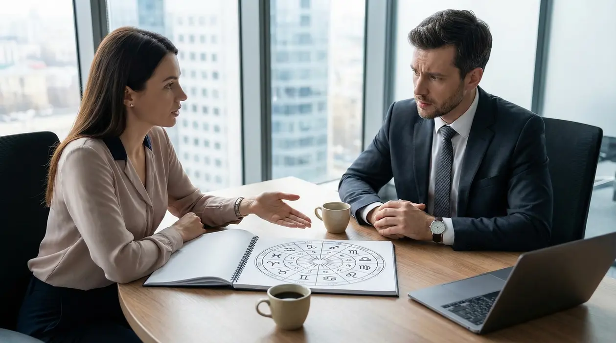 Due persone parlano in ufficio guardando un grafico astrologico su un tavolo.