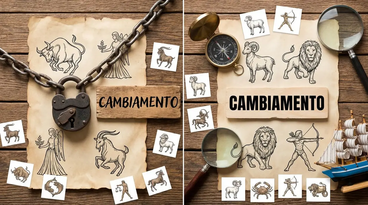 Illustrazioni di segni zodiacali su una mappa con oggetti che simboleggiano il cambiamento