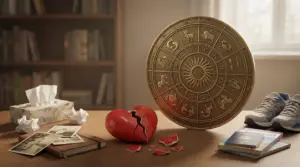 Cuore spezzato accanto a un grande disco zodiacale su un tavolo con oggetti simbolici