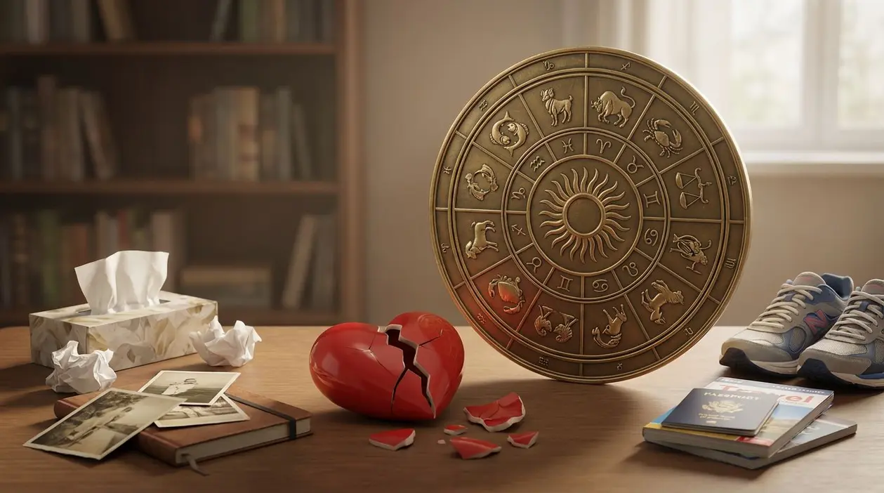 Cuore spezzato accanto a un grande disco zodiacale su un tavolo con oggetti simbolici