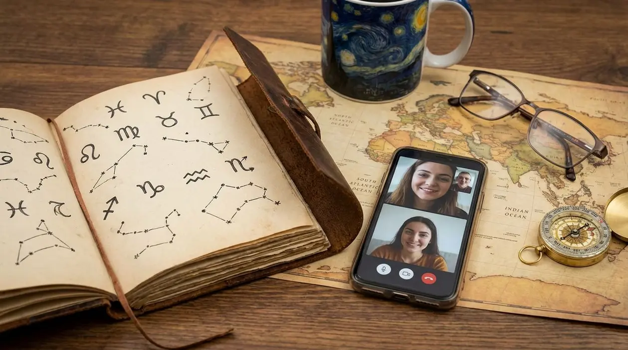 Libro con segni zodiacali, telefono con videochiamata e mappa geografica su un tavolo