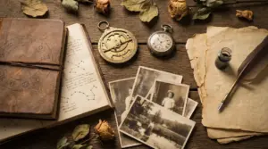 Oggetti vintage su un tavolo, tra cui un libro astrologico, foto d'epoca e strumenti antichi