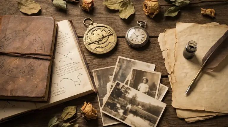 Oggetti vintage su un tavolo, tra cui un libro astrologico, foto d'epoca e strumenti antichi