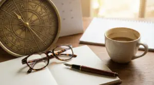 Orologio zodiacale su scrivania con taccuino, occhiali e tazza di caffè