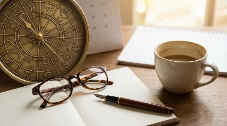 Orologio zodiacale su scrivania con taccuino, occhiali e tazza di caffè