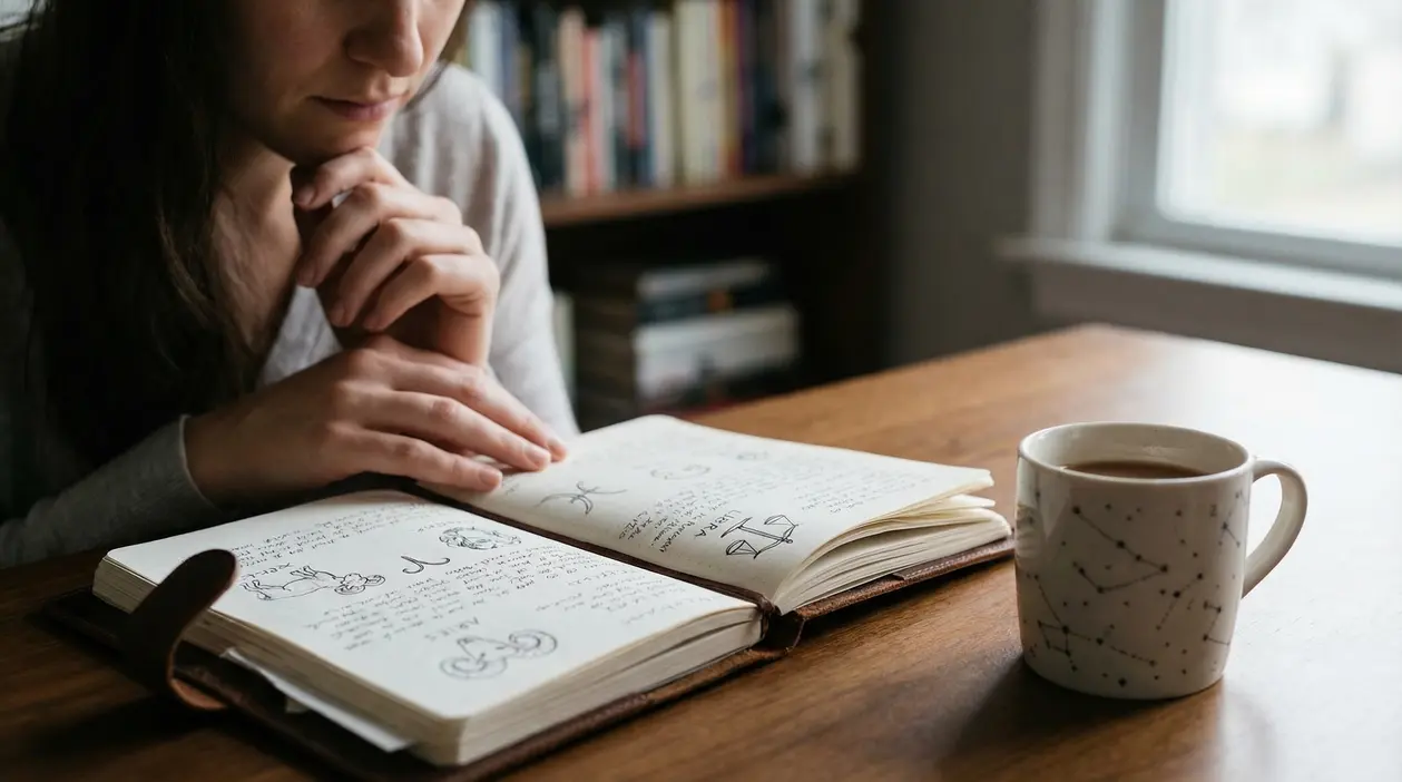Persona che legge un diario con simboli zodiacali accanto a una tazza di caffè