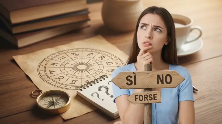 Persona pensierosa accanto a simboli zodiacali e cartelli direzionali con scritto sì, no e forse