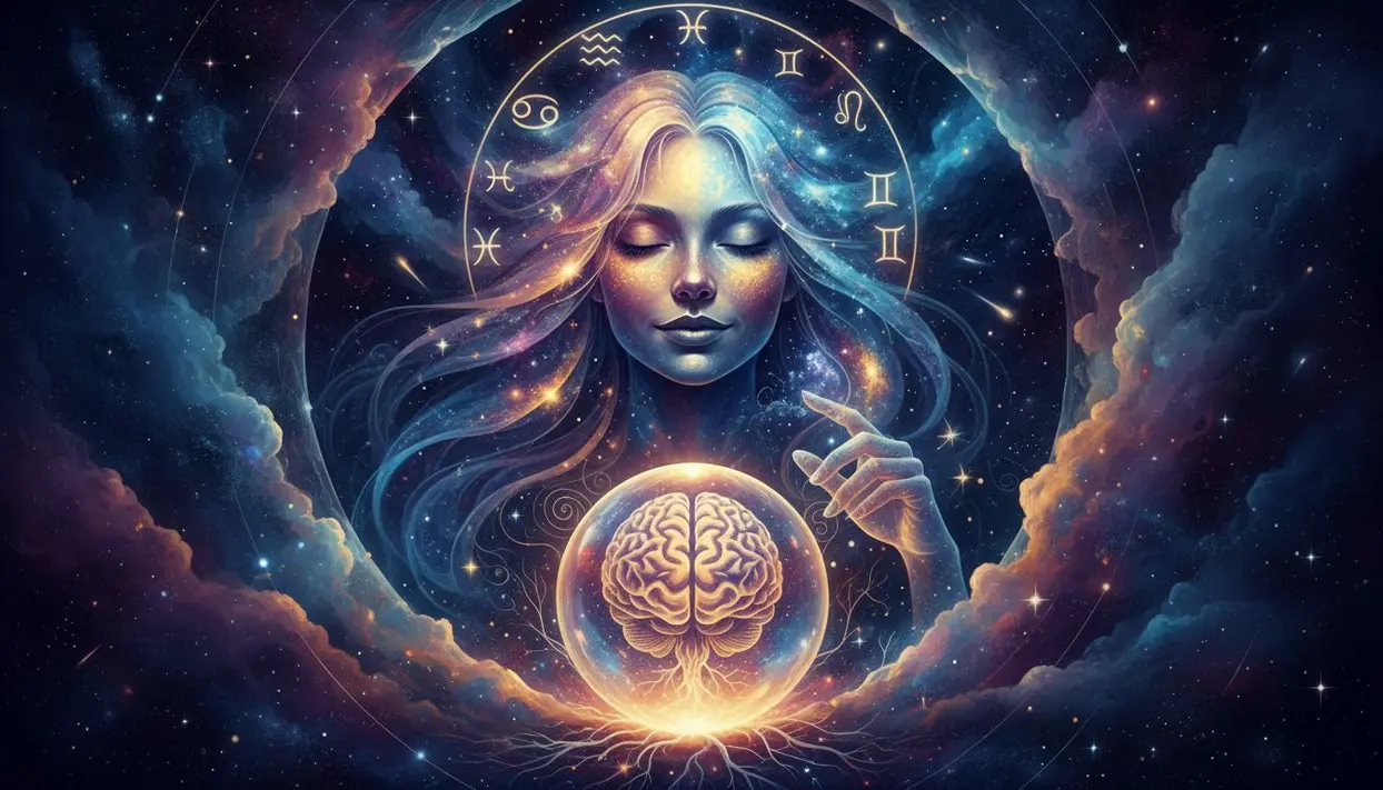 Illustrazione onirica di una figura femminile circondata da simboli zodiacali e una sfera luminosa con un cervello