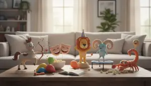 Rappresentazioni giocose di segni zodiacali in una scena divertente su un tavolino in salotto