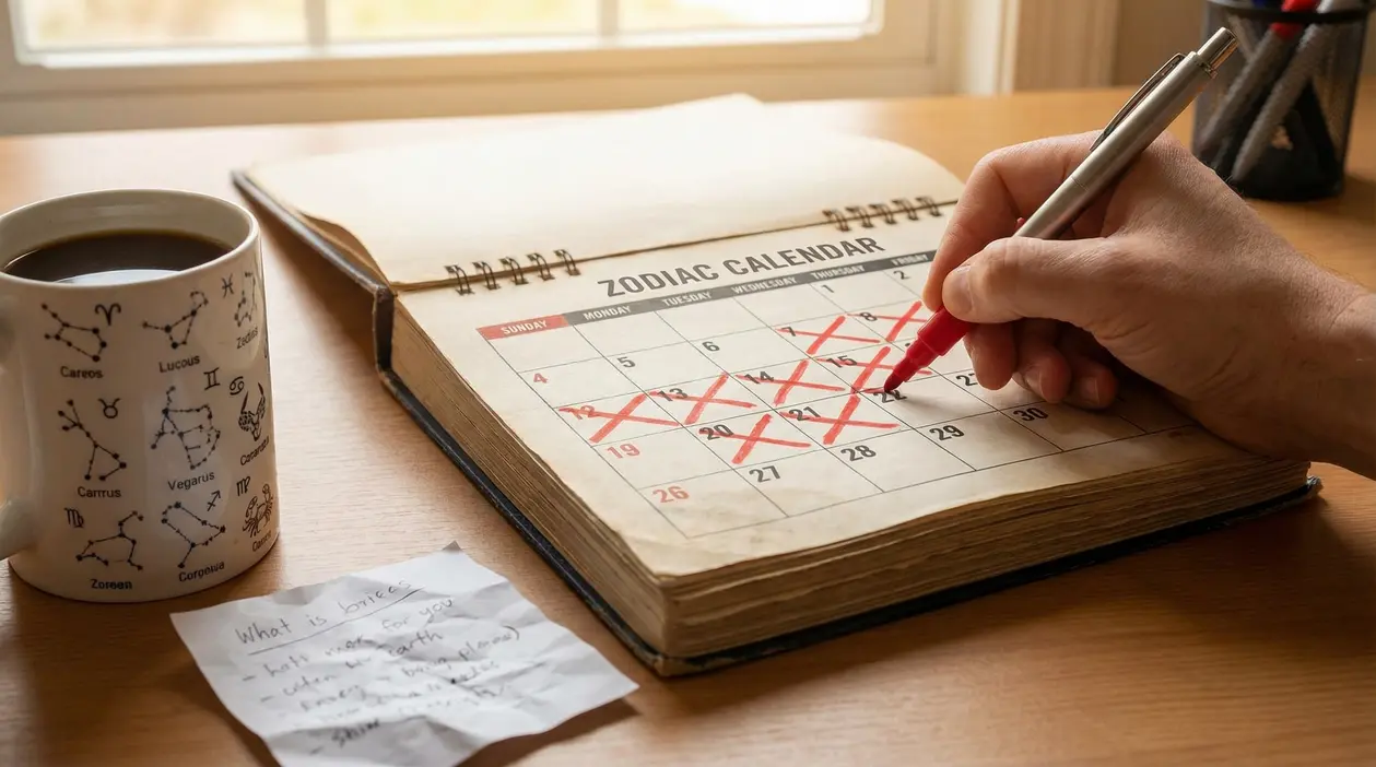 Una persona segna con una penna rossa un giorno su un calendario zodiacale