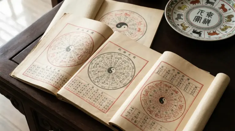 Libri aperti con diagrammi zodiacali cinesi e simboli dello yin e yang su un tavolo in legno