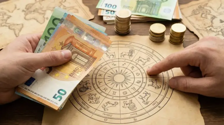 Mani che tengono banconote in euro vicino a una ruota zodiacale su carta antica