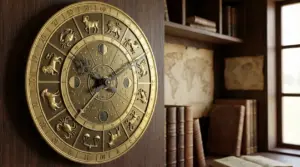 Orologio astrologico dorato con simboli zodiacali su parete in legno