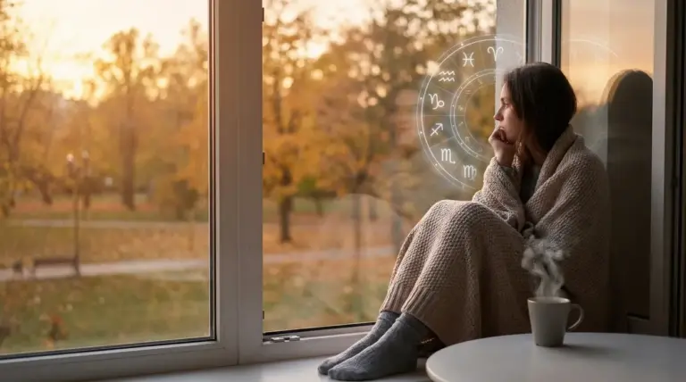 Persona seduta vicino alla finestra che guarda fuori, avvolta in una coperta con simboli zodiacali sovrapposti