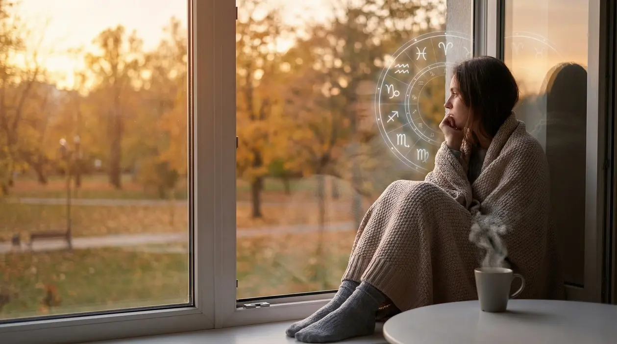 Persona seduta vicino alla finestra che guarda fuori, avvolta in una coperta con simboli zodiacali sovrapposti