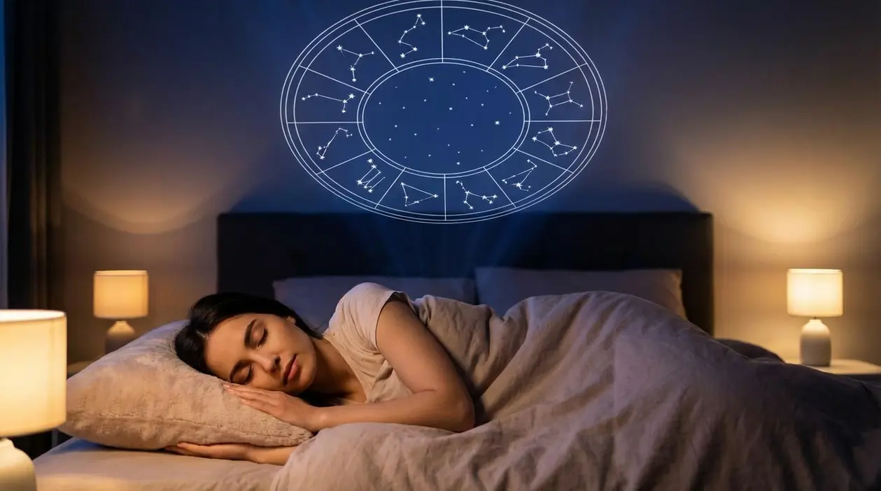 Persona che dorme in una stanza buia con proiezione dei segni zodiacali sopra il letto