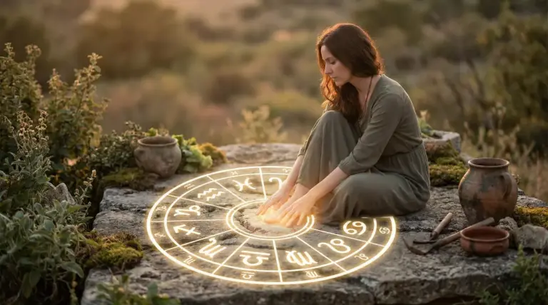 Una persona seduta all'aperto con le mani sopra un cerchio zodiacale luminoso inciso nella pietra