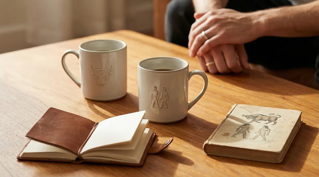 Due tazze con simboli zodiacali Toro e Gemelli su un tavolo di legno accanto a libri e mani di una persona