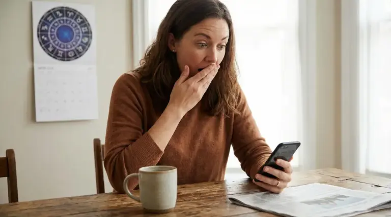 Una persona sorpresa guarda il proprio telefono a un tavolo con un calendario zodiacale sullo sfondo