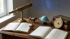 Scrivania con telescopio, libri, oggetti astronomici e simboli zodiacali aperti su un'agenda 2025-2026