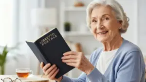 Una persona anziana sorride mentre tiene in mano un libretto postale.