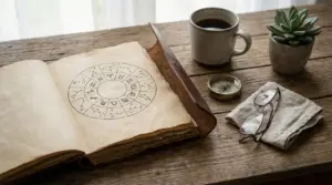 Vecchio libro aperto con simboli zodiacali su un tavolo di legno accanto a una tazza di caffè