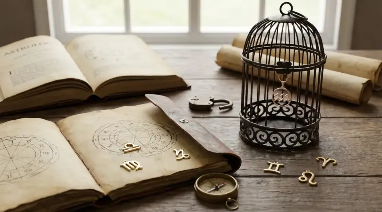 Simboli zodiacali su libri antichi con una gabbia e un ciondolo astrologico