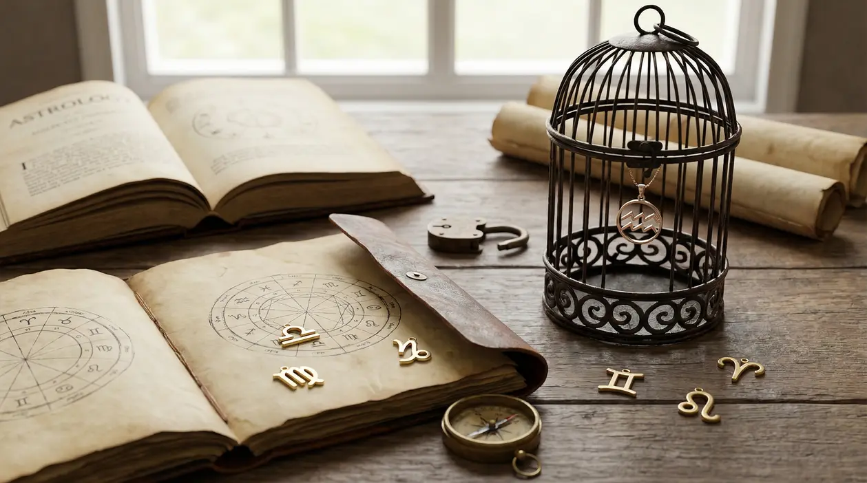 Simboli zodiacali su libri antichi con una gabbia e un ciondolo astrologico